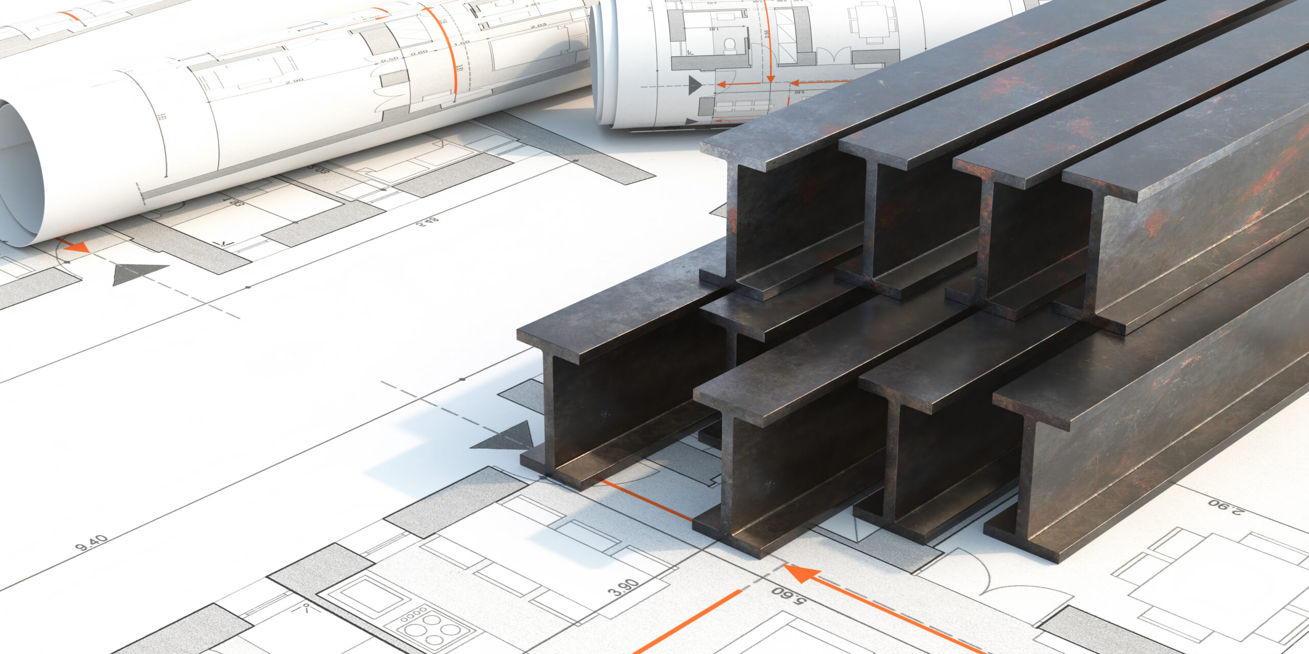 Steel,Beams,Production.,Metal,Girders,Stack,On,Project,Construction,Blueprints